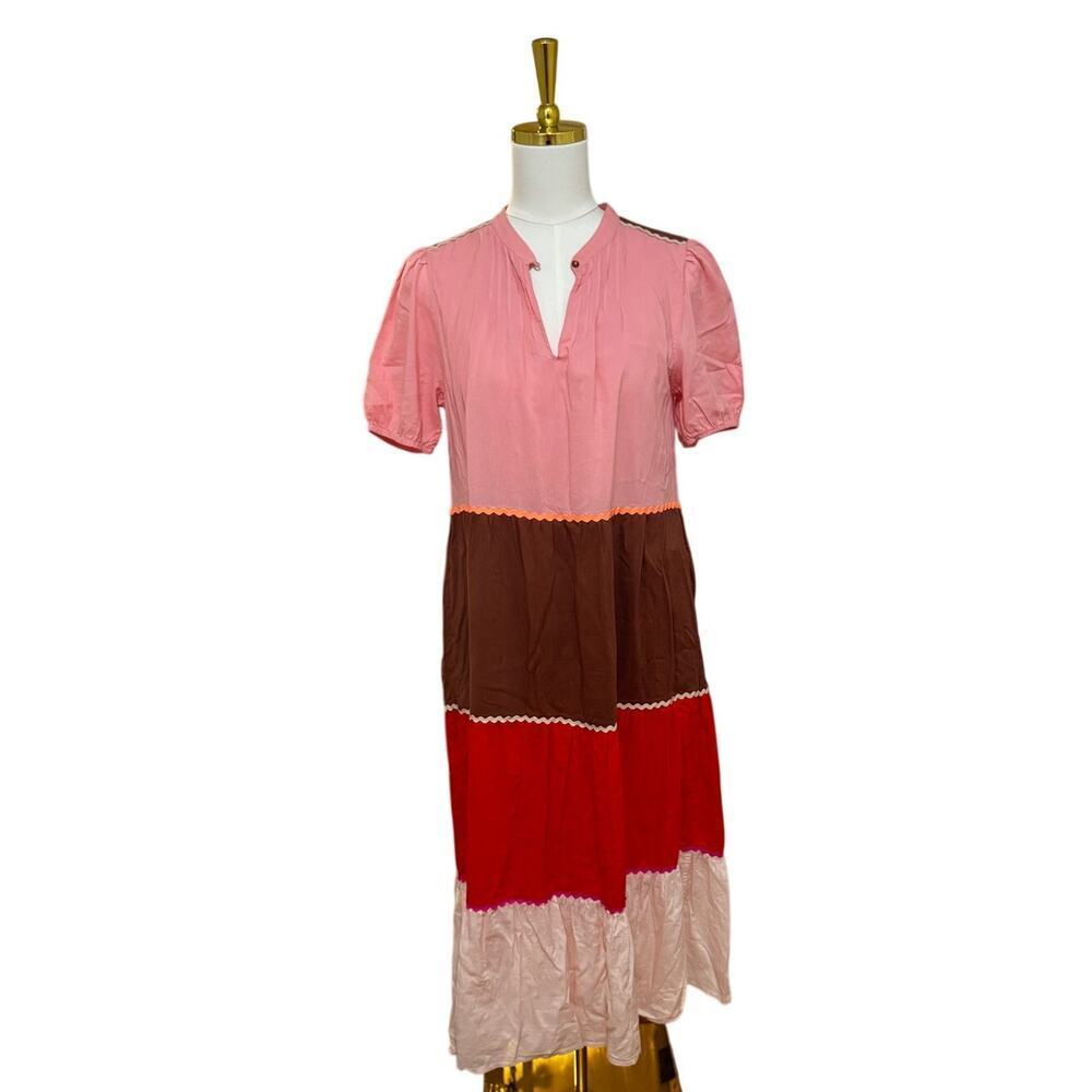 Scotch & Soda Colorblock Midi Dress Pink Brown Red Tiered Size 16